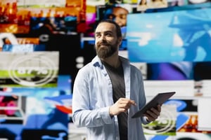 media person with tablet in hand