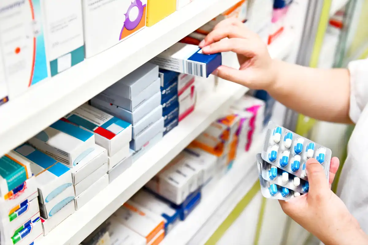 pharmacy shelf with products